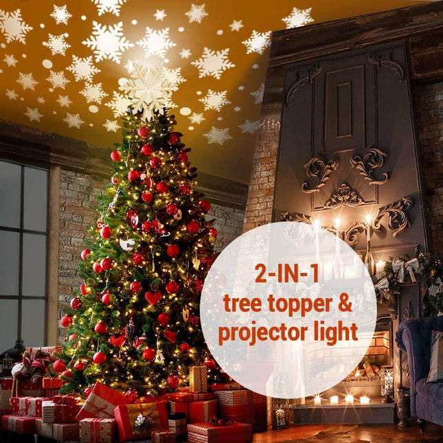 Christmas Tree Topper Lights, LED Light up Lighted Snowflake Christmas Top Topper Projecter with Projection for Indoor Outdoor Christma Tree Decor Decorations (Plastic, Gold)