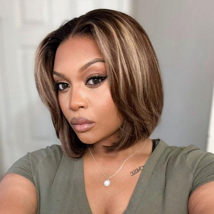 LUVME Blonde Highlight / Brown Highlight Short Layered Bob Wig Glueless 5X5 Closure Pre-Cut Lace Wig