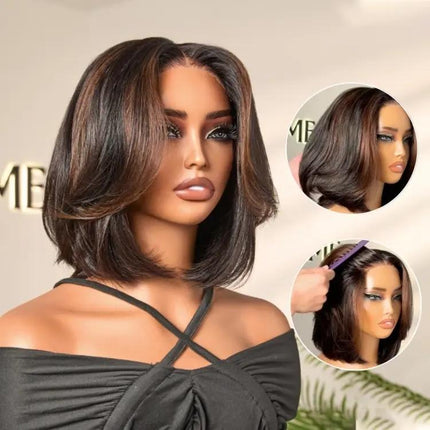 LUVME Blonde Highlight / Brown Highlight Short Layered Bob Wig Glueless 5X5 Closure Pre-Cut Lace Wig