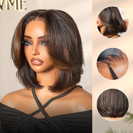 LUVME Blonde Highlight / Brown Highlight Short Layered Bob Wig Glueless 5X5 Closure Pre-Cut Lace Wig