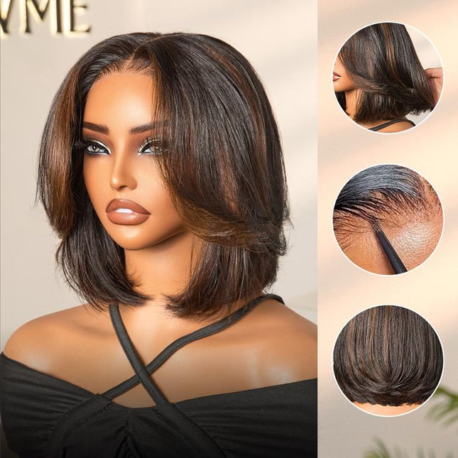 LUVME Blonde Highlight / Brown Highlight Short Layered Bob Wig Glueless 5X5 Closure Pre-Cut Lace Wig