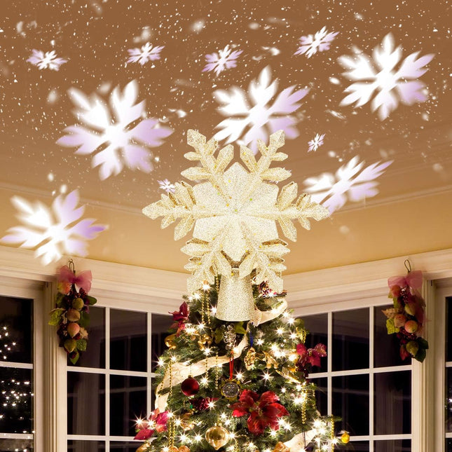 Christmas Tree Topper Lights, LED Light up Lighted Snowflake Christmas Top Topper Projecter with Projection for Indoor Outdoor Christma Tree Decor Decorations (Plastic, Gold)