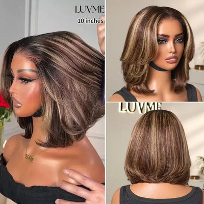 LUVME Blonde Highlight / Brown Highlight Short Layered Bob Wig Glueless 5X5 Closure Pre-Cut Lace Wig